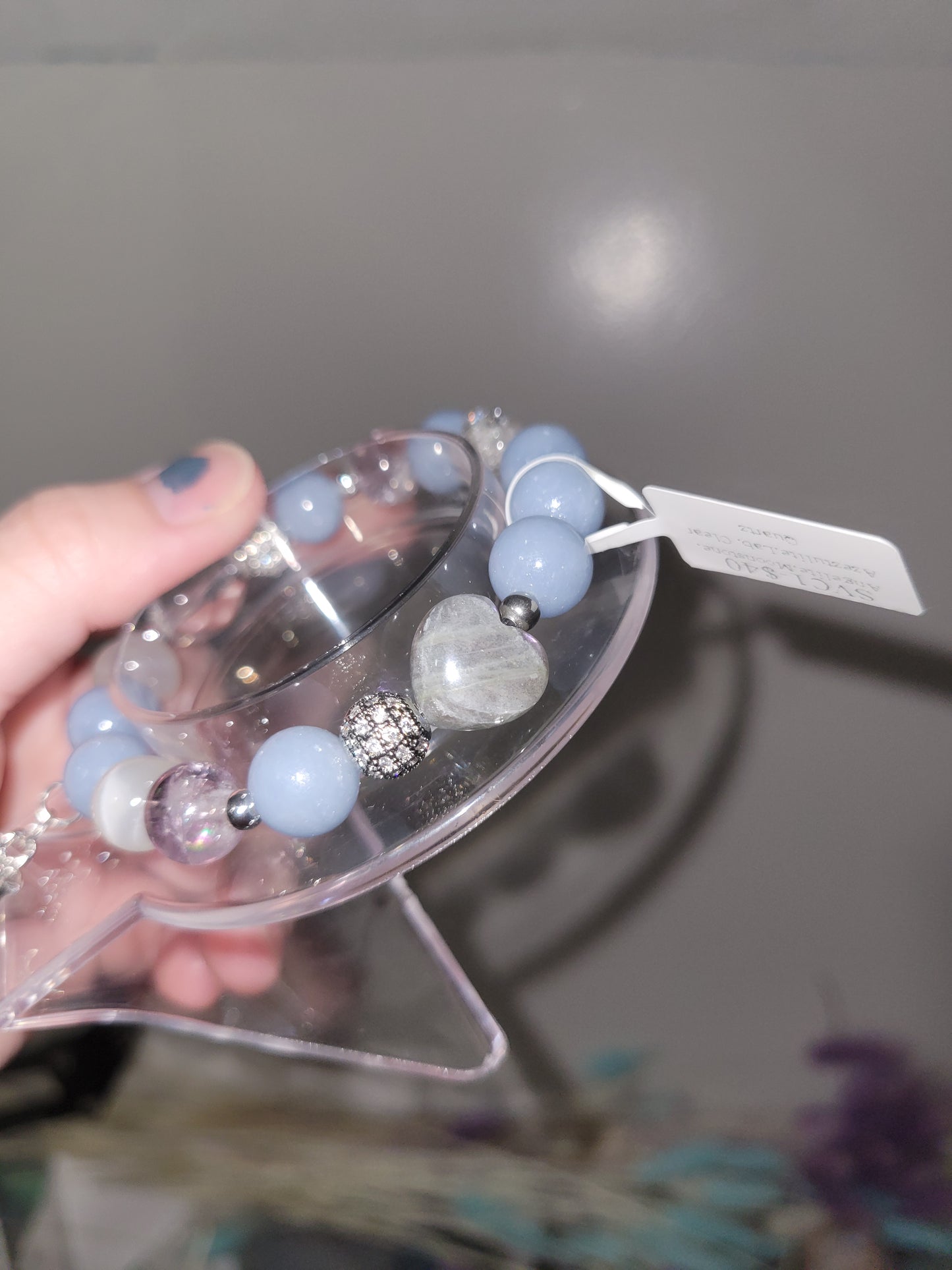 SVC1 Amethyst Azeztulite, Angelite, Clear Quartz, Labradorite, and Moonstone Bracelet