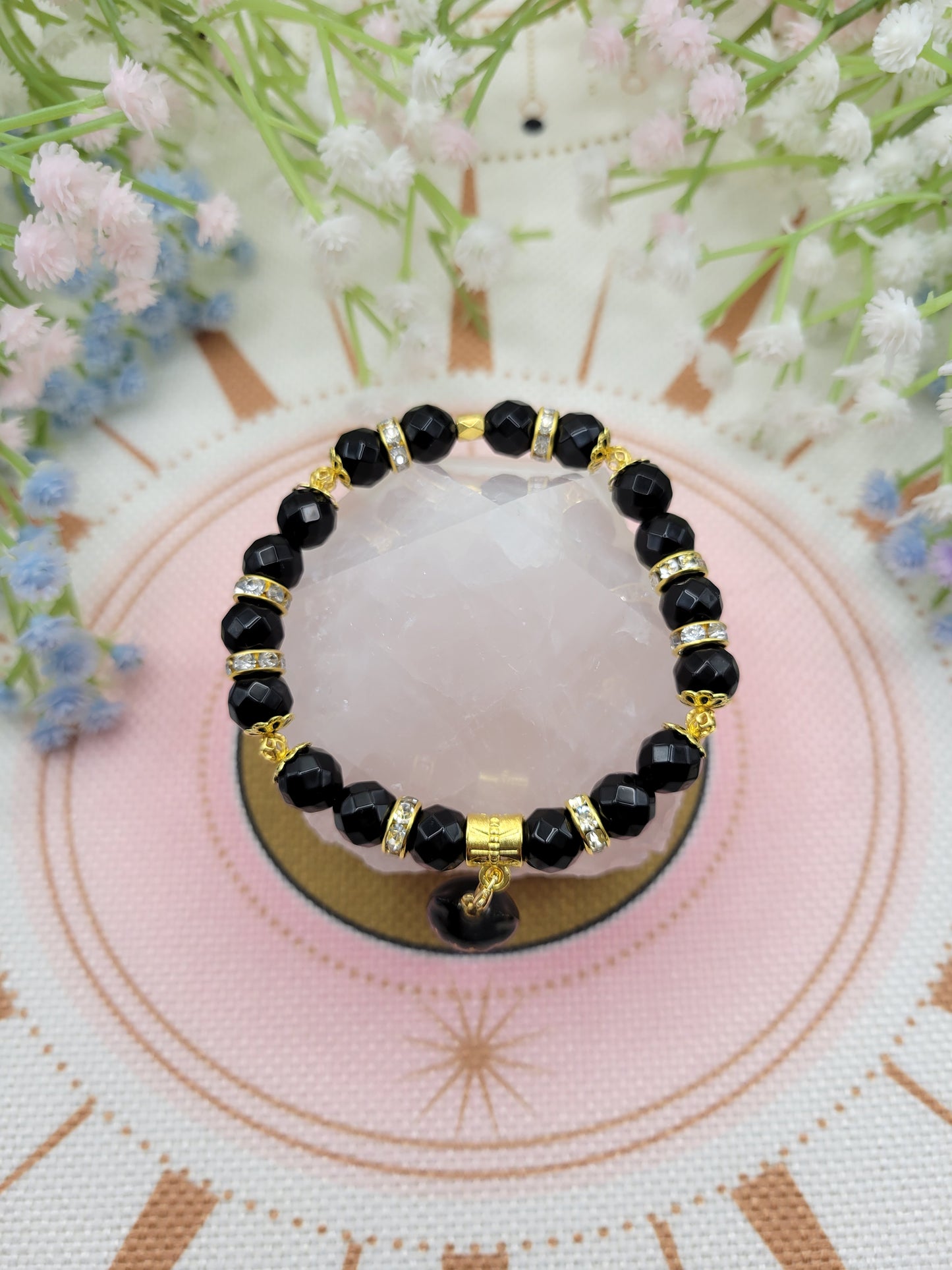 GD39 Faceted Black Obsidian with Cute Cat Charm Bracelet