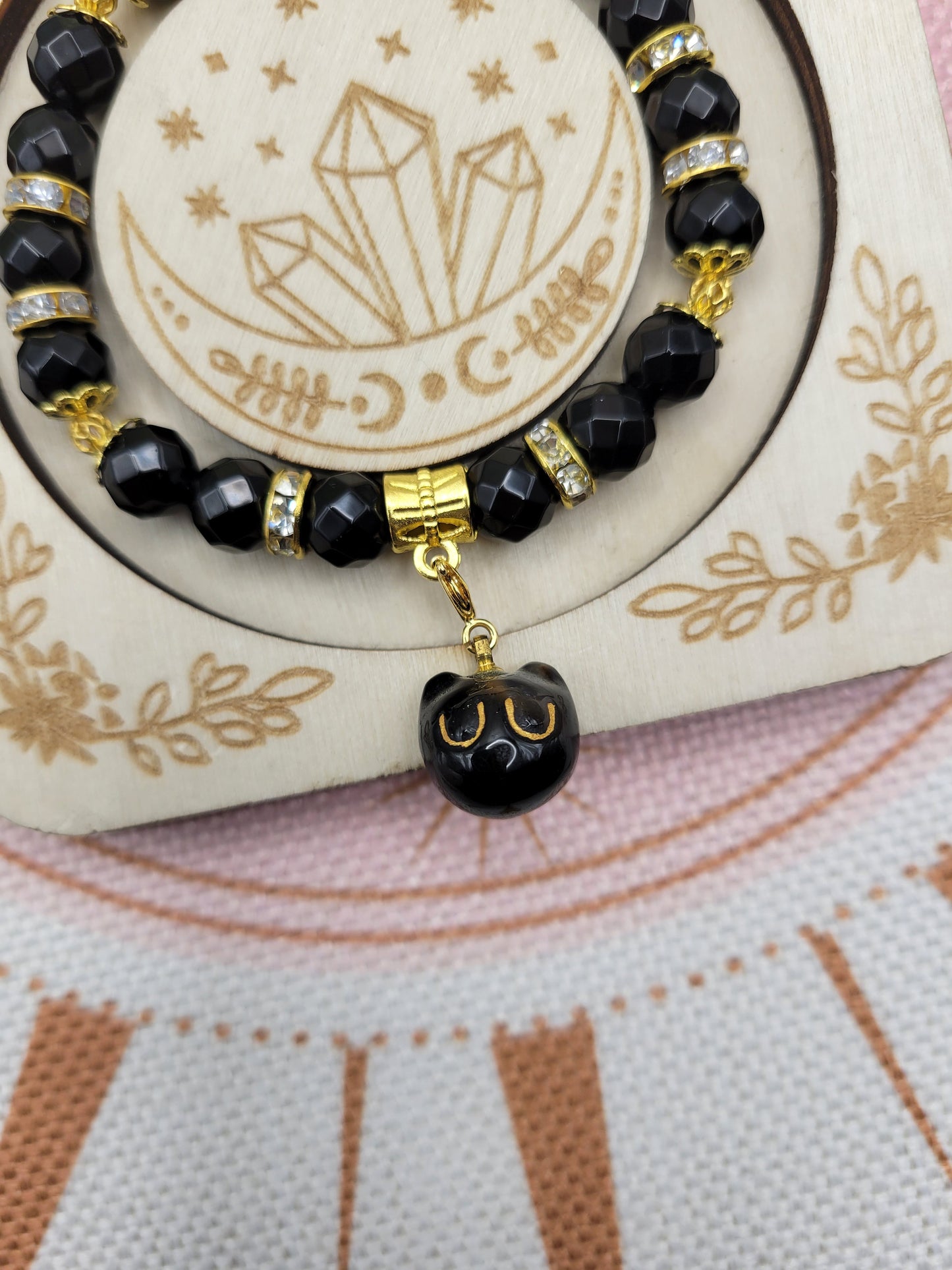 GD39 Faceted Black Obsidian with Cute Cat Charm Bracelet