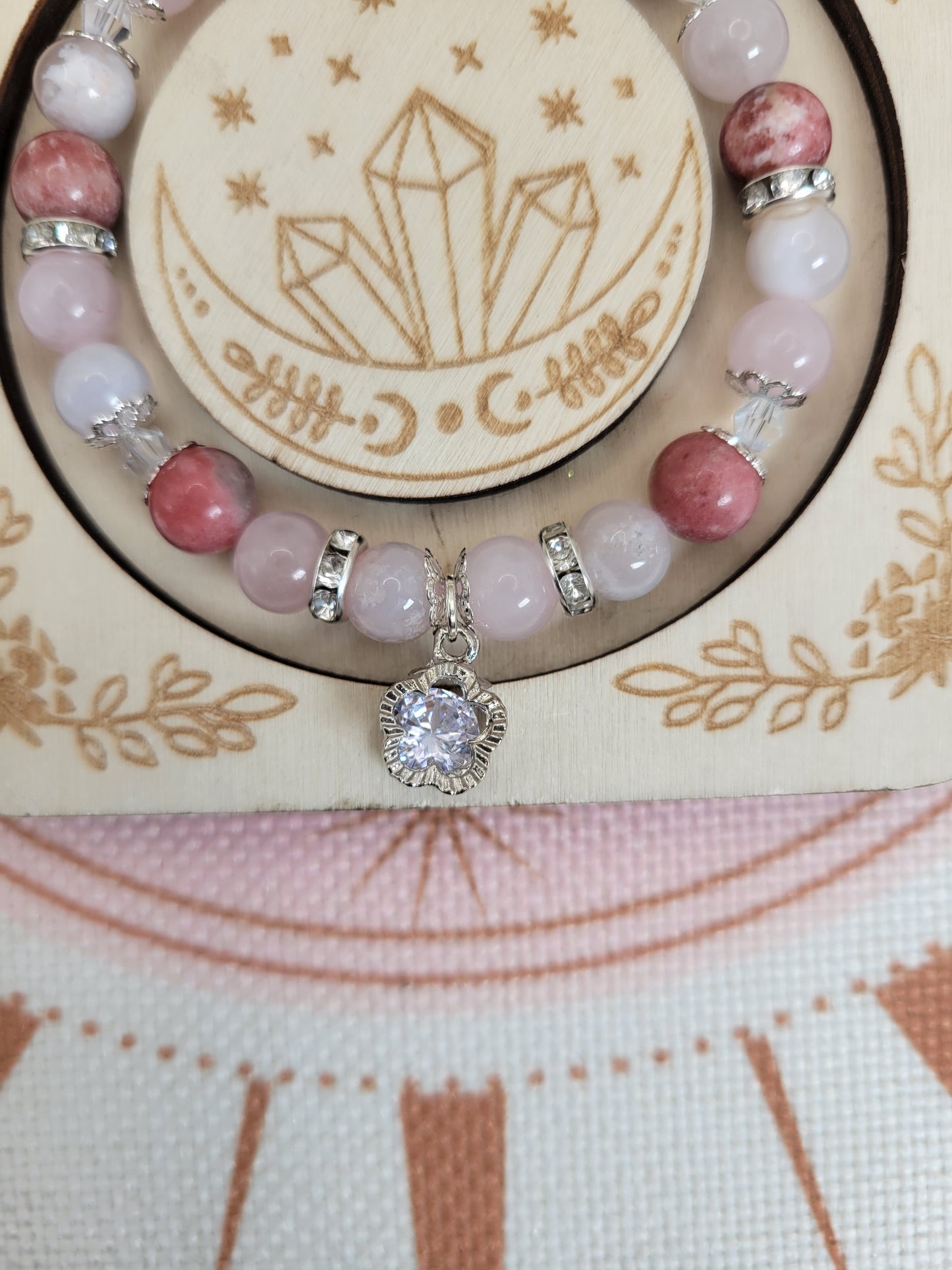 SV20 Flower Agate, Rose Quartz, and Rhodochrosite Bracelet