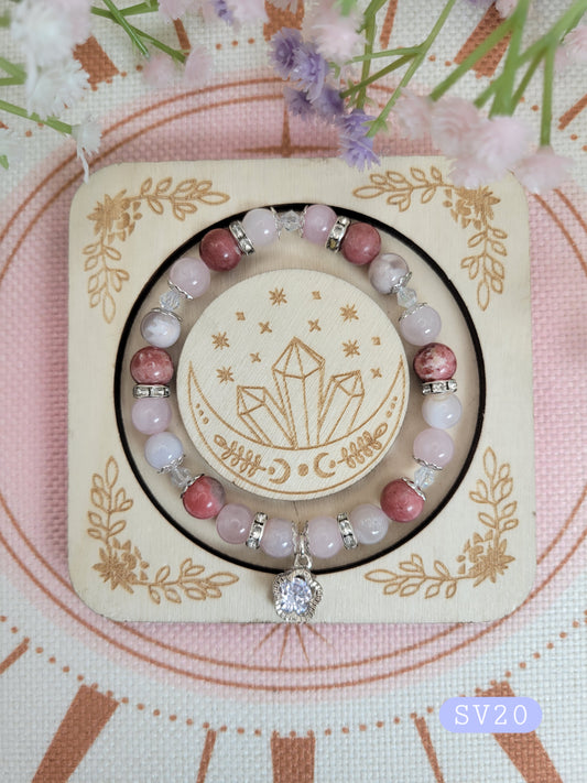 SV20 Flower Agate, Rose Quartz, and Rhodochrosite Bracelet