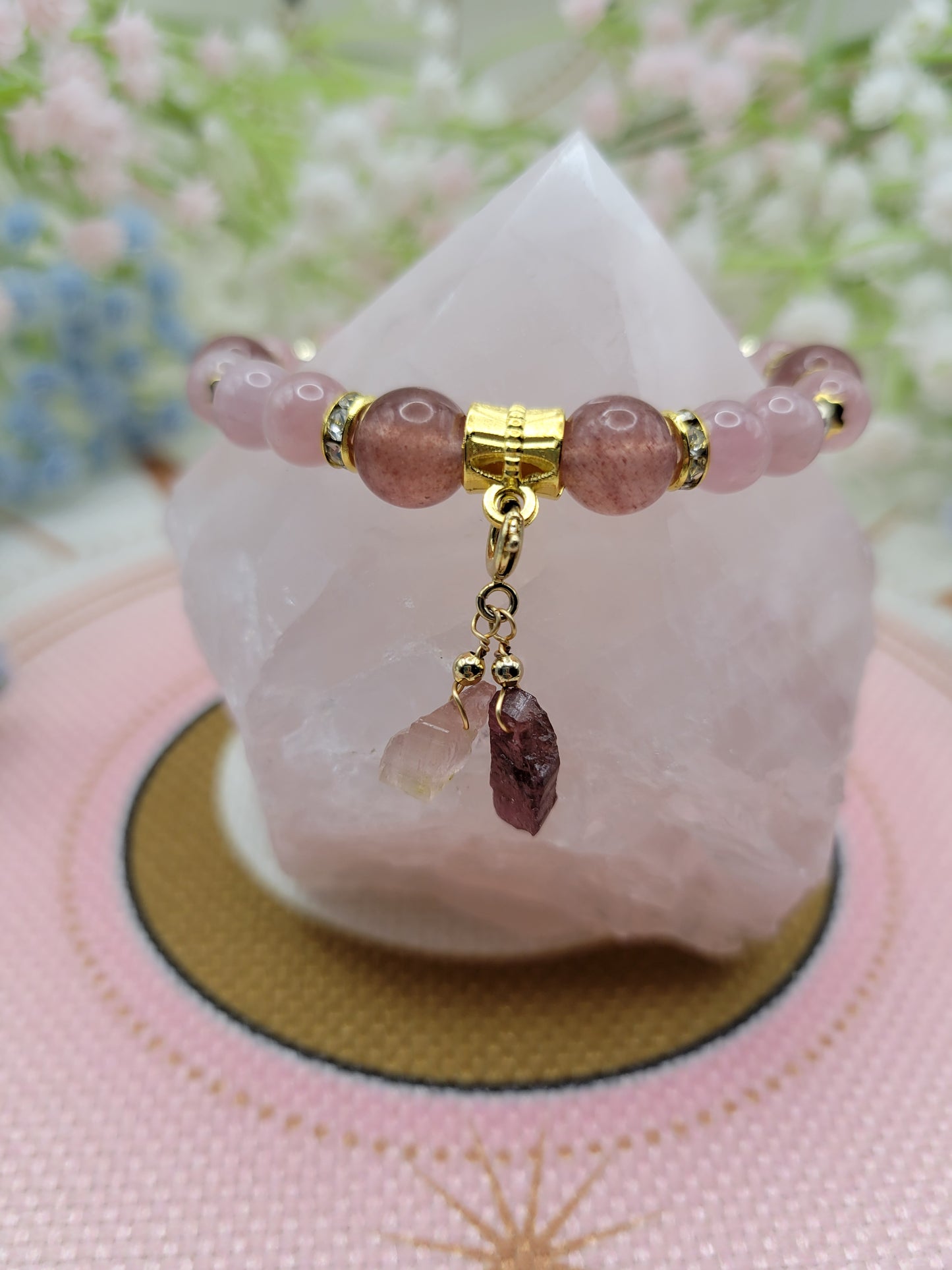 GD33 Lavender Rose Quartz and Strawberry Quartz with Tourmaline Charm Bracelet