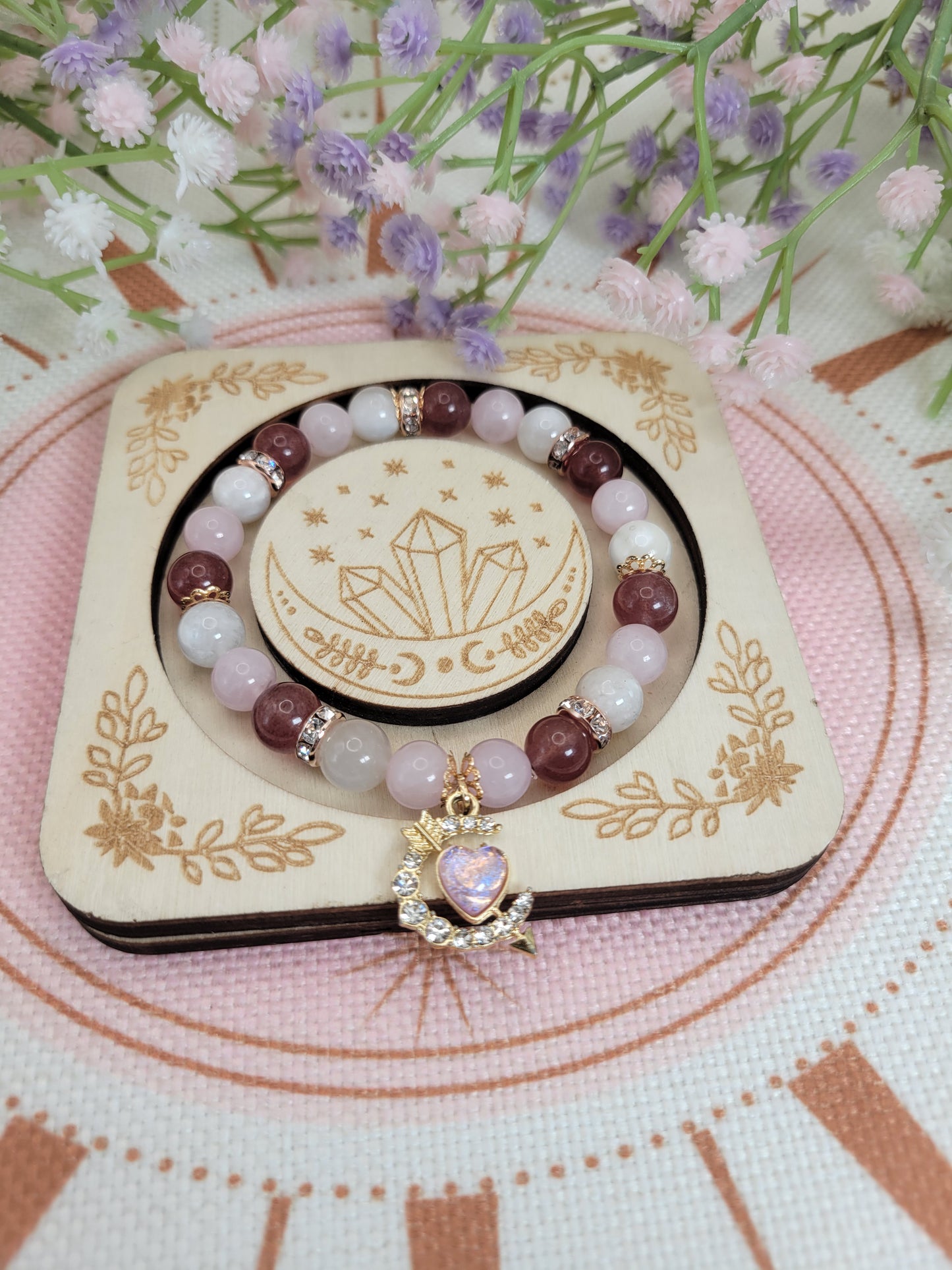 GD12 Moonstone, Rose Quartz, and Strawberry Quartz Bracelet