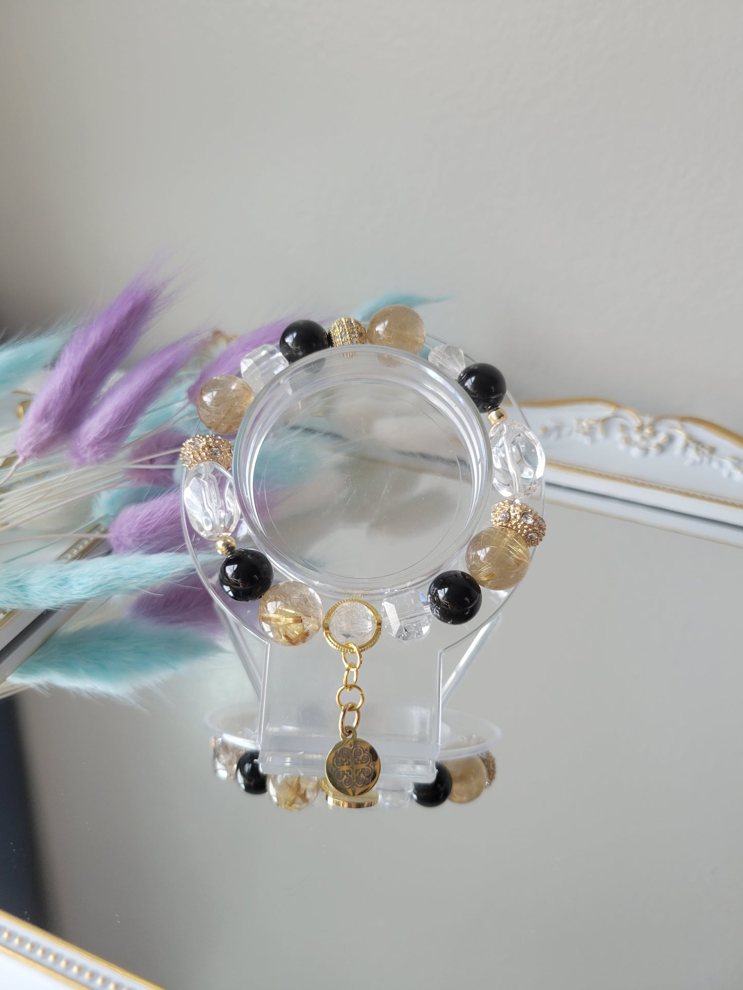 HEL2 Black Obsidian, Clear Quartz, and Golden Rutile Bracelet