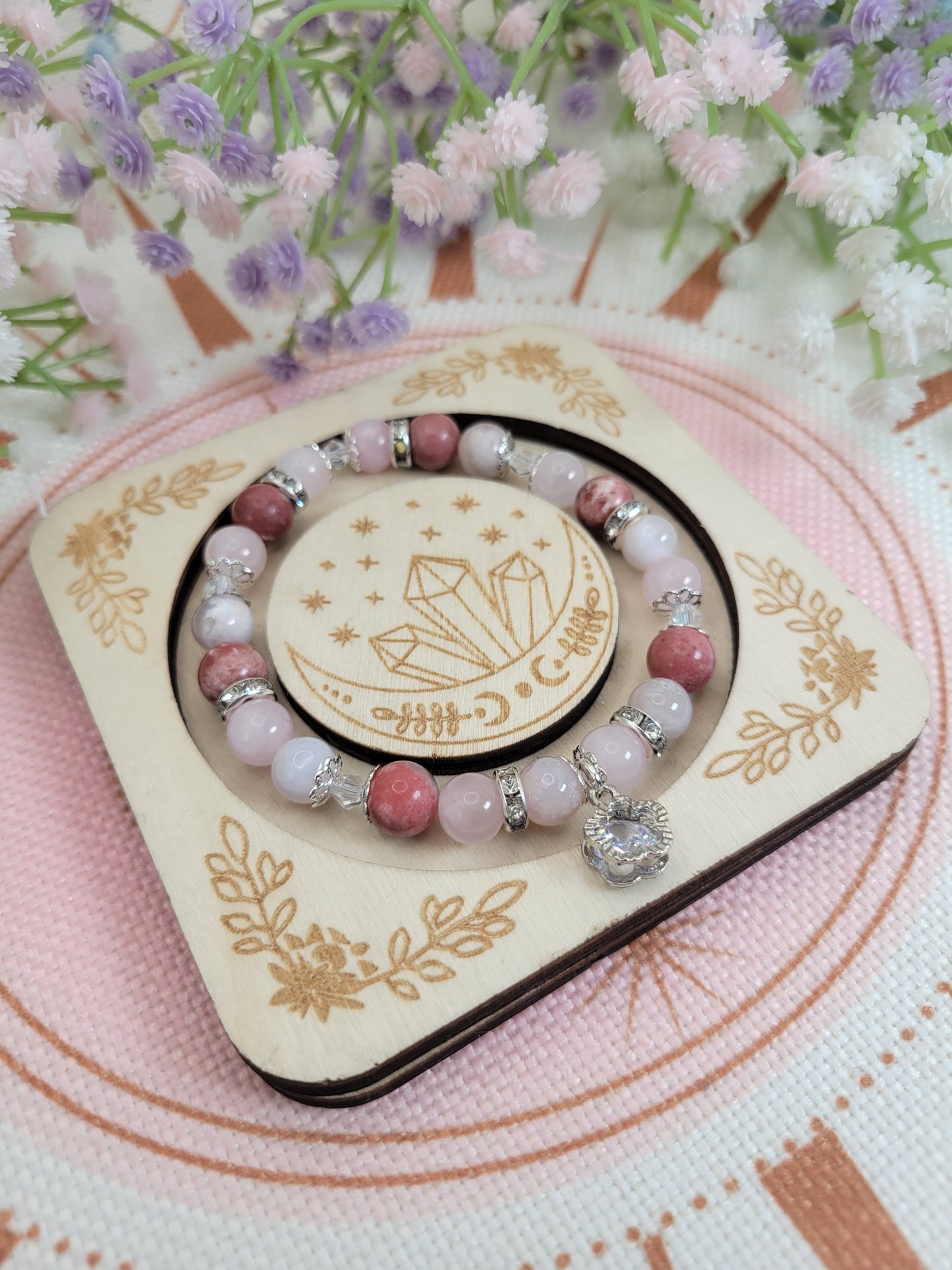 SV20 Flower Agate, Rose Quartz, and Rhodochrosite Bracelet