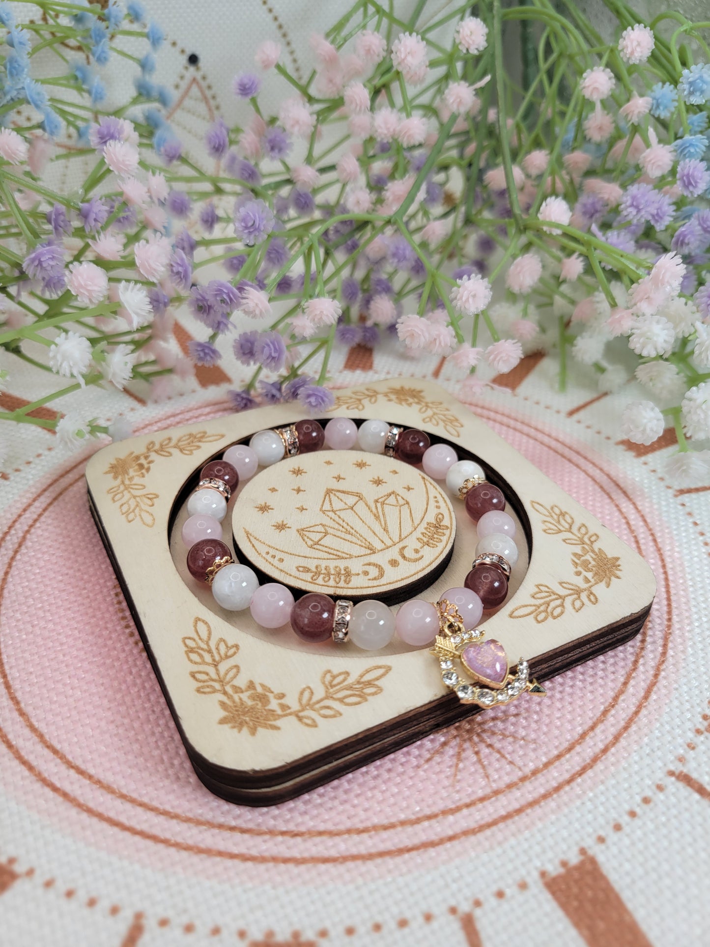 GD12 Moonstone, Rose Quartz, and Strawberry Quartz Bracelet