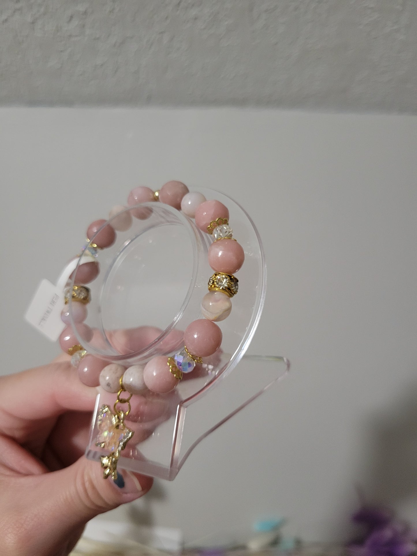 GD73 Flower Agate and Pink Opal Bracelet