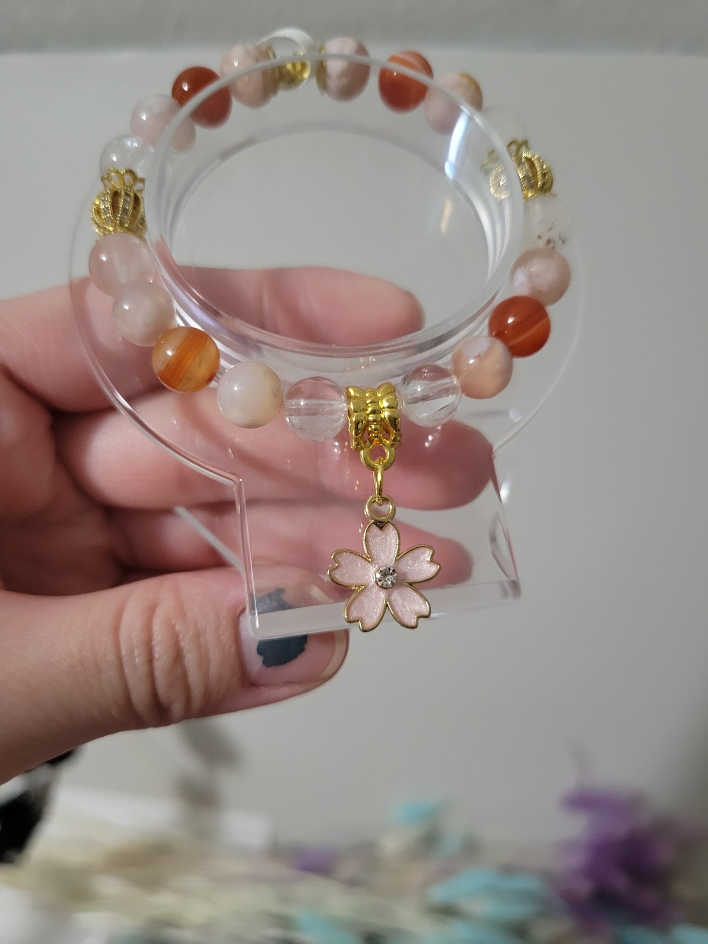 GD71 Carnelian, Clear Quartz, and Flower Agate Bracelet