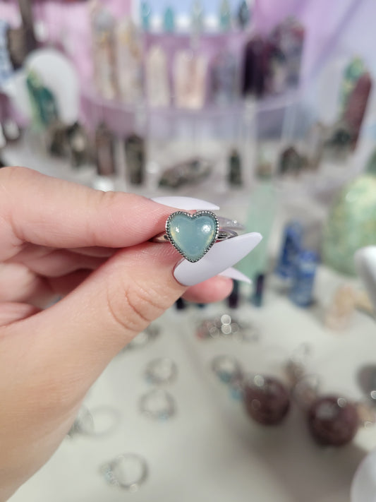 Aquamarine Heart Adjustable Silver Ring