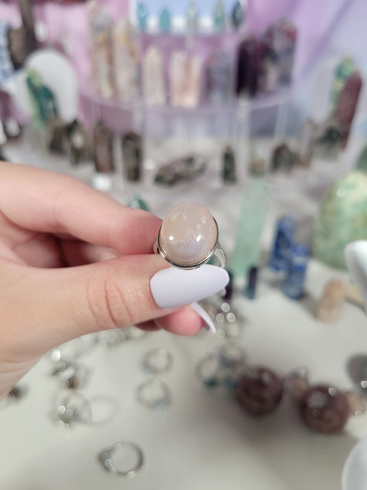 Flower Agate Adjustable Silver Ring