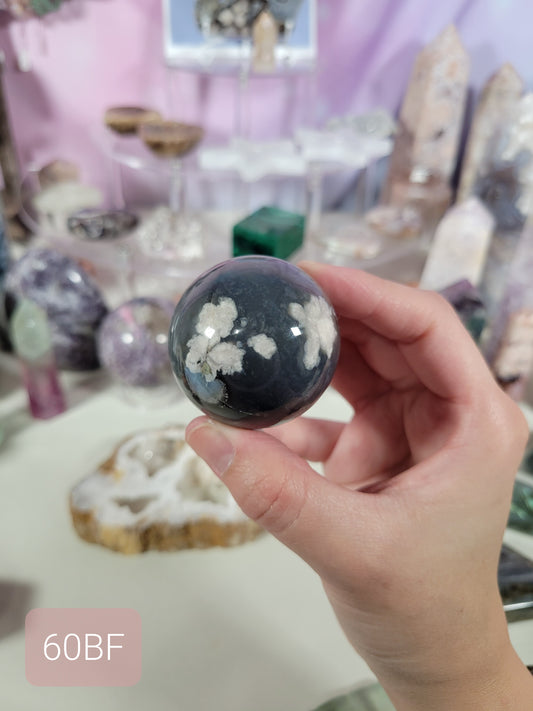 Dark Black Flower Agate Sphere 60BF