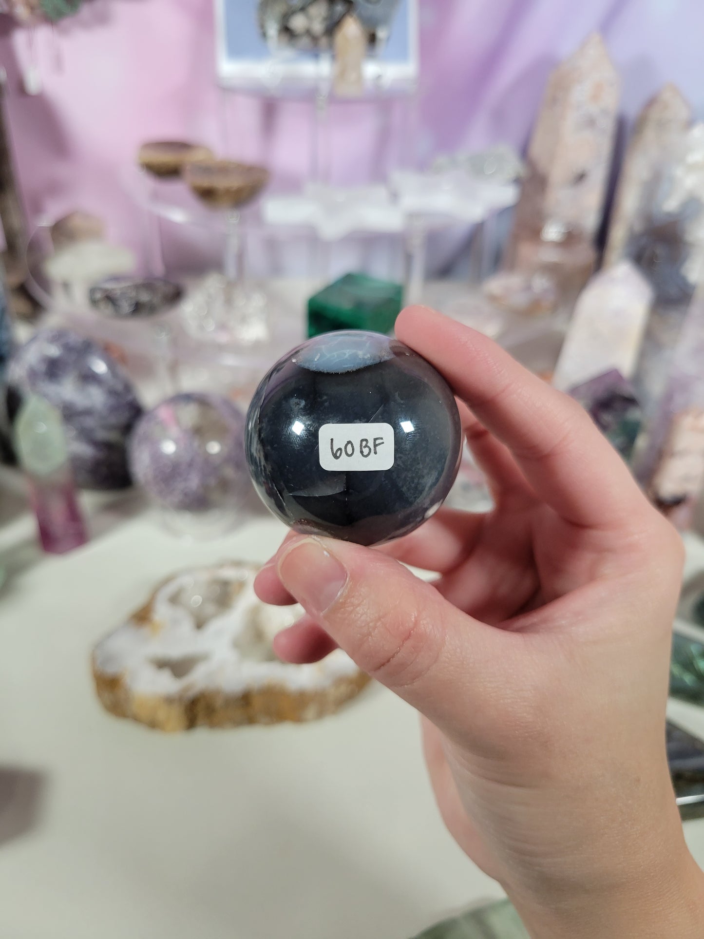 Dark Black Flower Agate Sphere 60BF