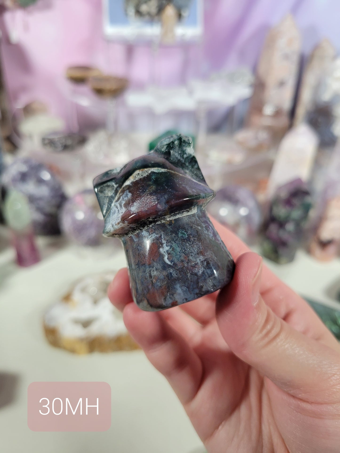 Cute Moss Agate Mushroom House 30MH