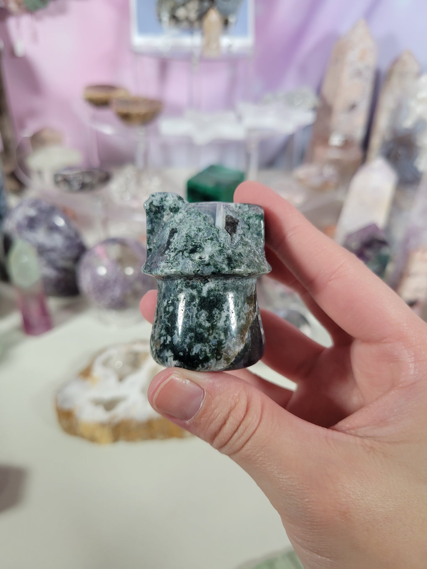 Cute Moss Agate Mushroom House 30MH